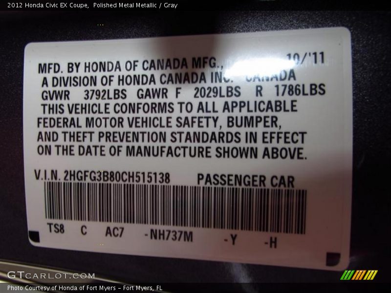 2012 Civic EX Coupe Polished Metal Metallic Color Code NH737M