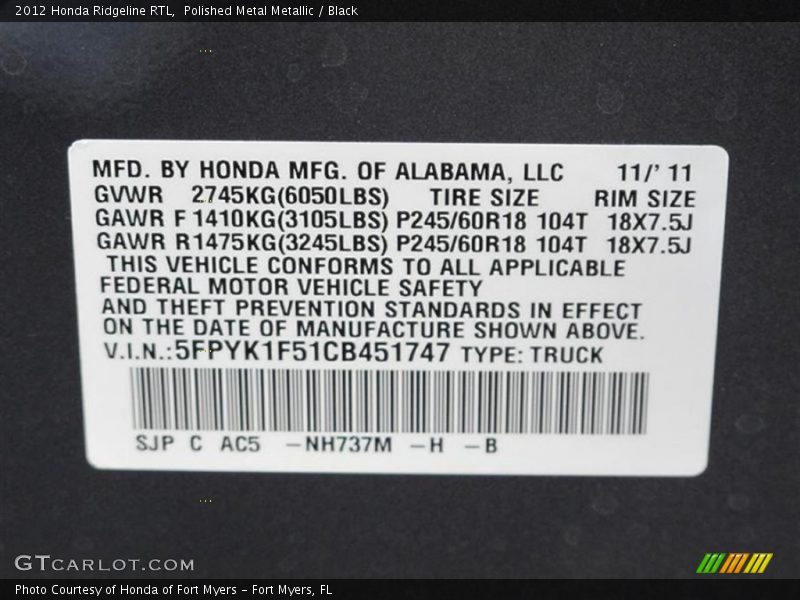 2012 Ridgeline RTL Polished Metal Metallic Color Code NH737