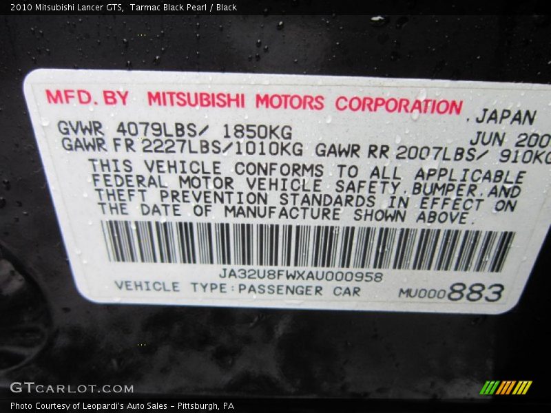 Tarmac Black Pearl / Black 2010 Mitsubishi Lancer GTS
