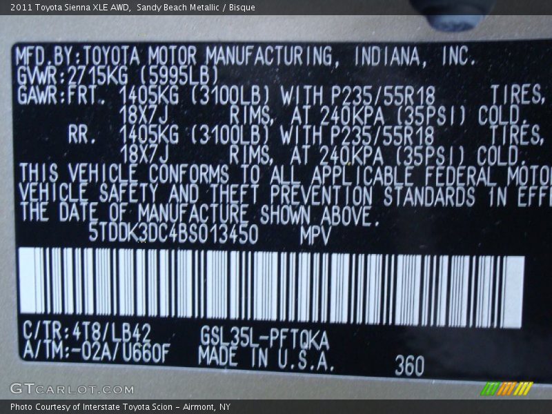 Sandy Beach Metallic / Bisque 2011 Toyota Sienna XLE AWD
