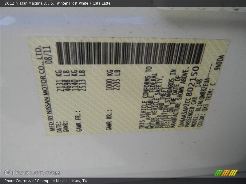 Winter Frost White / Cafe Latte 2012 Nissan Maxima 3.5 S