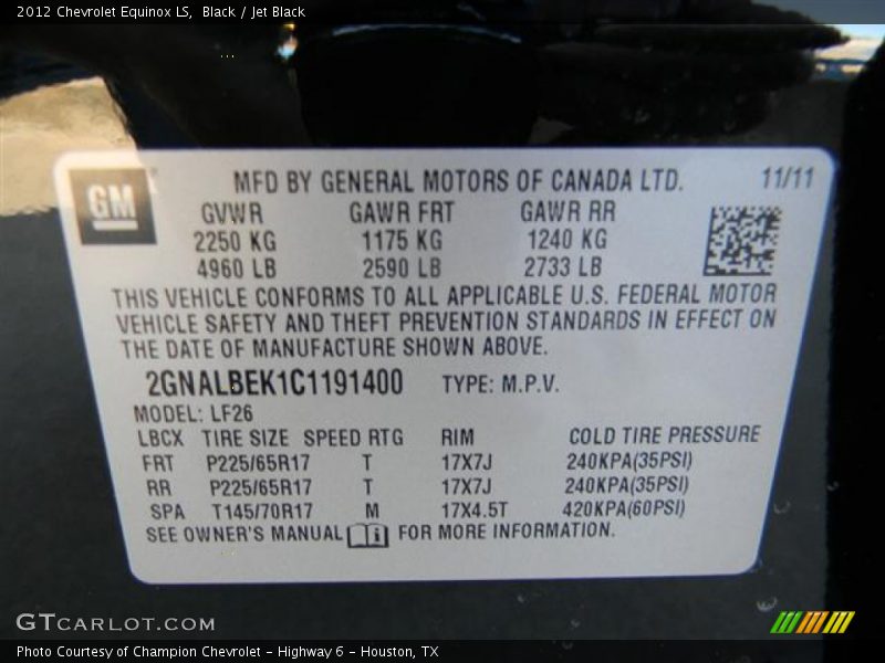 Black / Jet Black 2012 Chevrolet Equinox LS