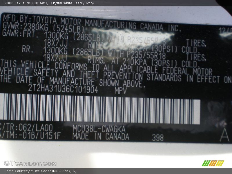 Crystal White Pearl / Ivory 2006 Lexus RX 330 AWD