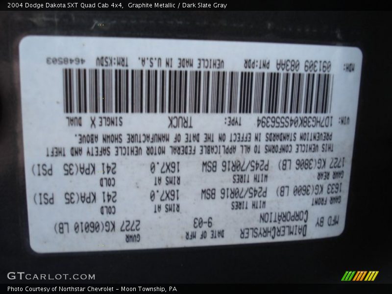 2004 Dakota SXT Quad Cab 4x4 Graphite Metallic Color Code PDR