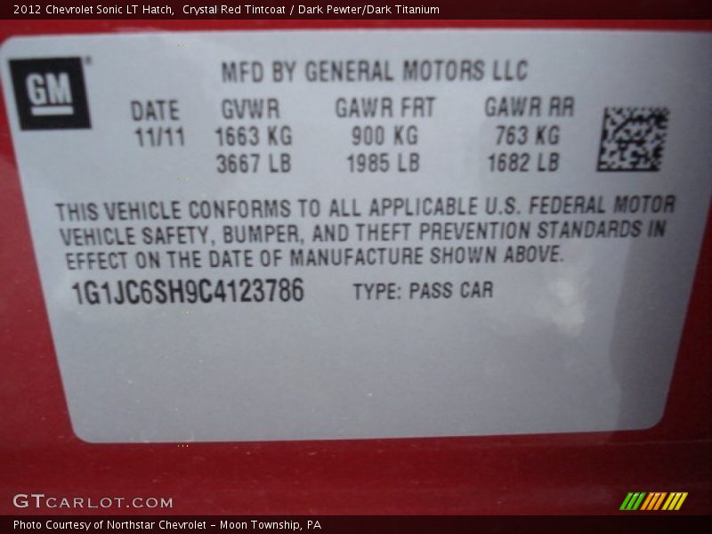 Crystal Red Tintcoat / Dark Pewter/Dark Titanium 2012 Chevrolet Sonic LT Hatch