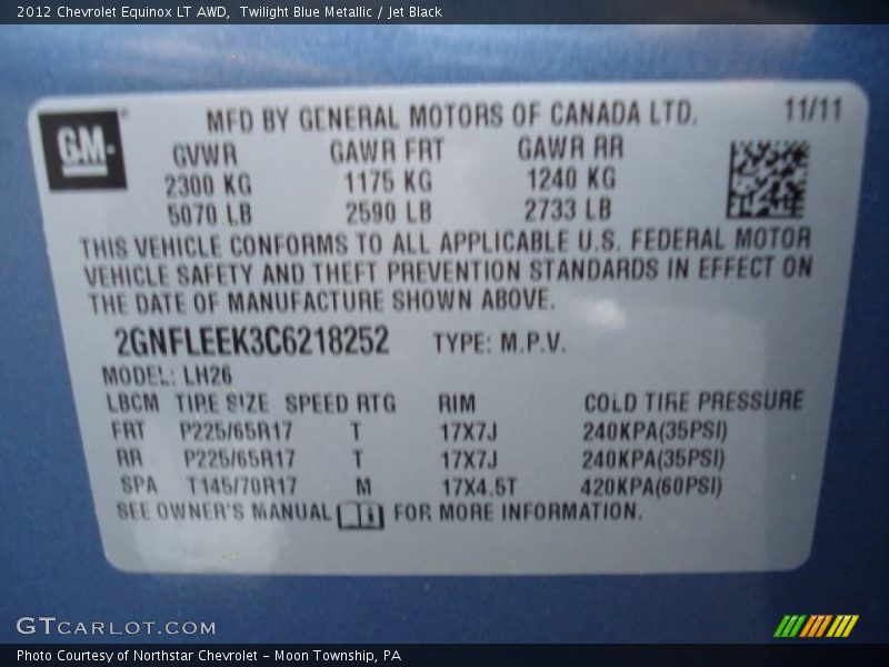 Twilight Blue Metallic / Jet Black 2012 Chevrolet Equinox LT AWD