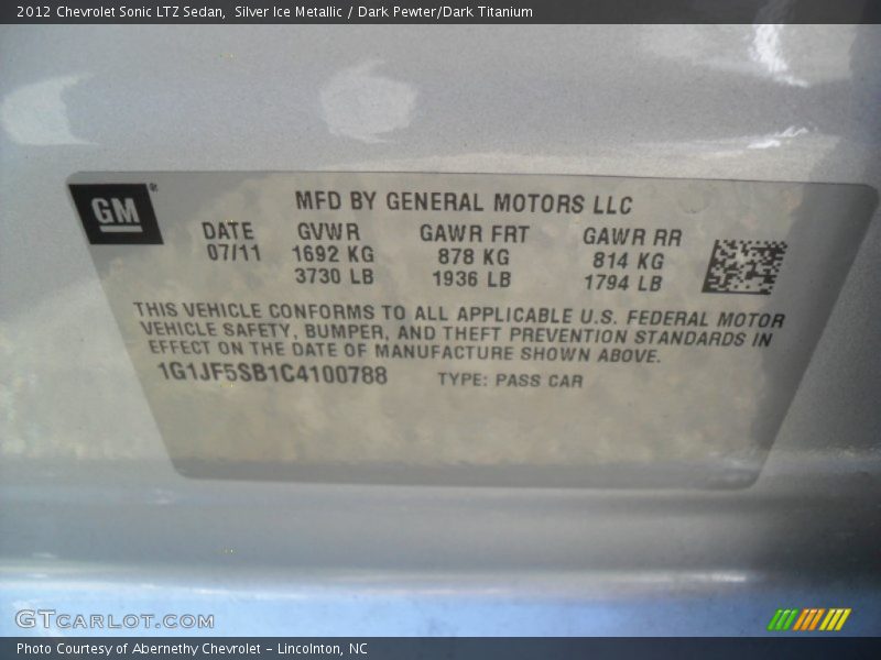 Silver Ice Metallic / Dark Pewter/Dark Titanium 2012 Chevrolet Sonic LTZ Sedan