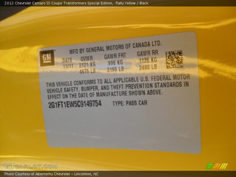 Info Tag of 2012 Camaro SS Coupe Transformers Special Edition