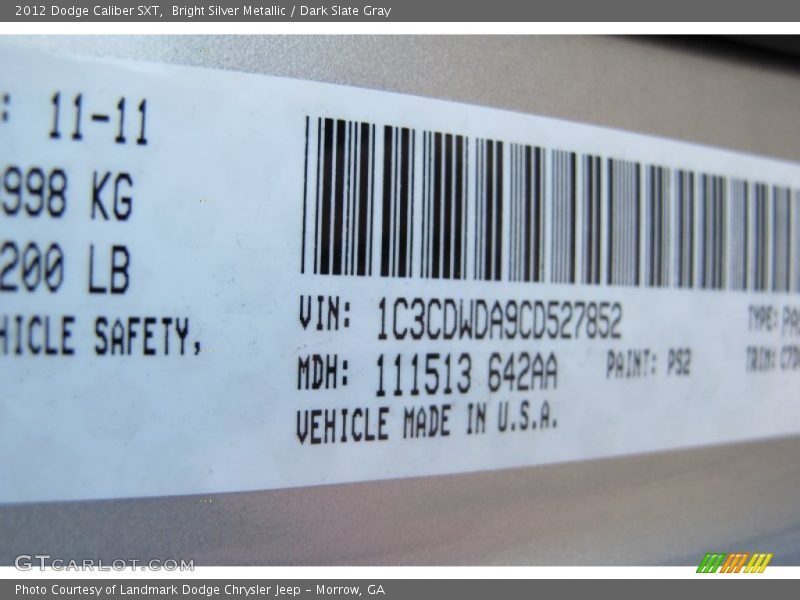 Bright Silver Metallic / Dark Slate Gray 2012 Dodge Caliber SXT