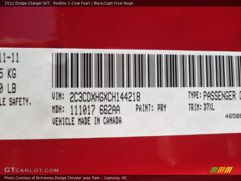 2012 Charger SXT Redline 3-Coat Pearl Color Code PRY
