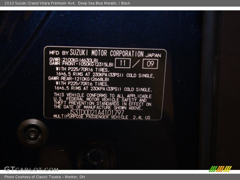 Deep Sea Blue Metallic / Black 2010 Suzuki Grand Vitara Premium 4x4