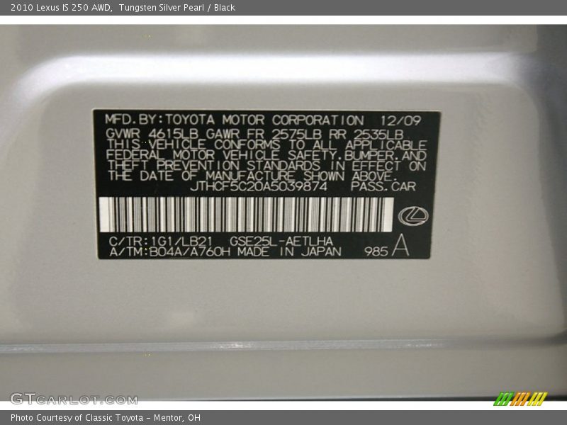 Tungsten Silver Pearl / Black 2010 Lexus IS 250 AWD