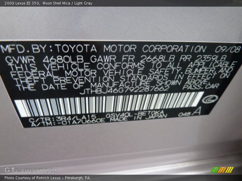 Moon Shell Mica / Light Gray 2009 Lexus ES 350