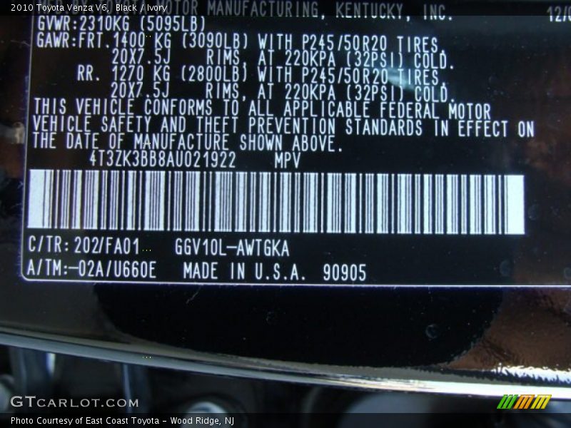 Black / Ivory 2010 Toyota Venza V6