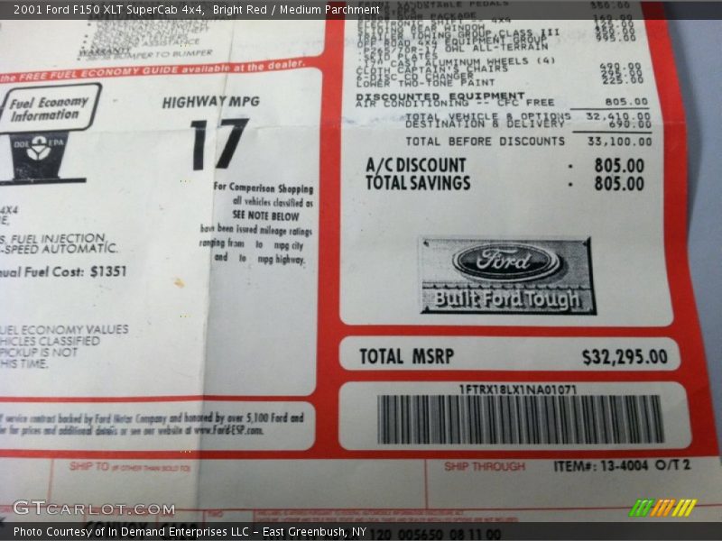  2001 F150 XLT SuperCab 4x4 Window Sticker