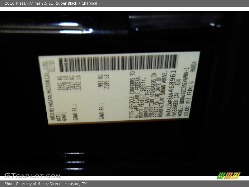 Super Black / Charcoal 2010 Nissan Altima 2.5 SL