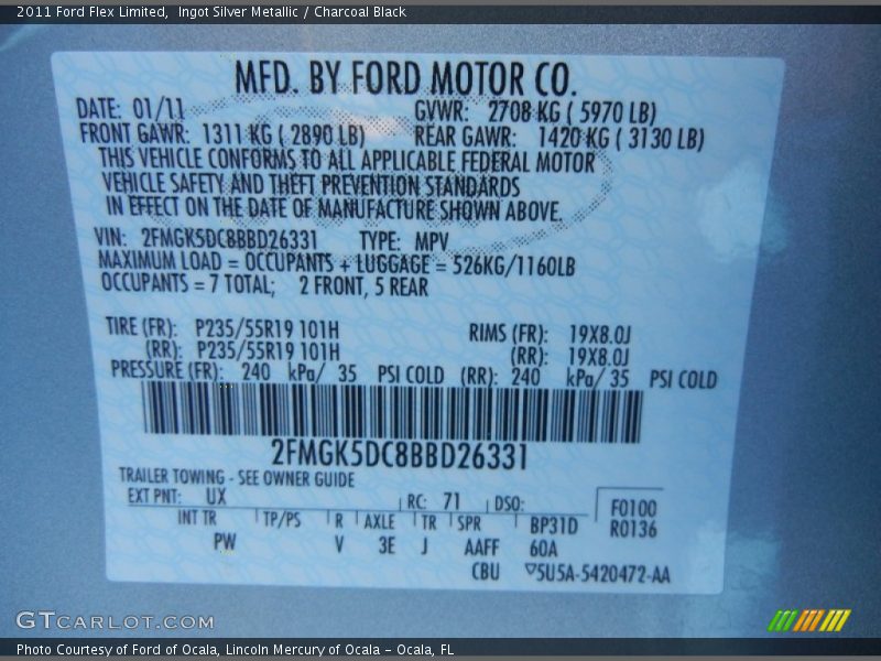 2011 Flex Limited Ingot Silver Metallic Color Code UX