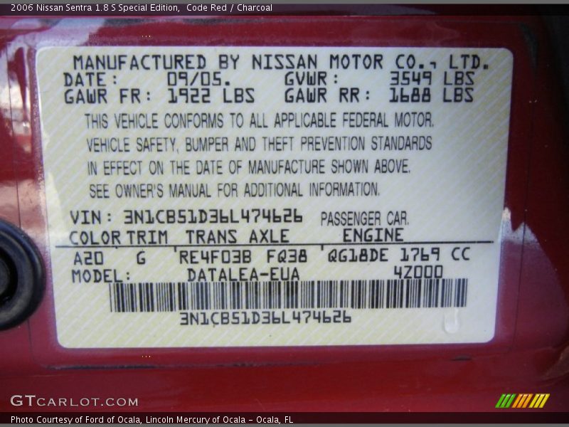 2006 Sentra 1.8 S Special Edition Code Red Color Code A20