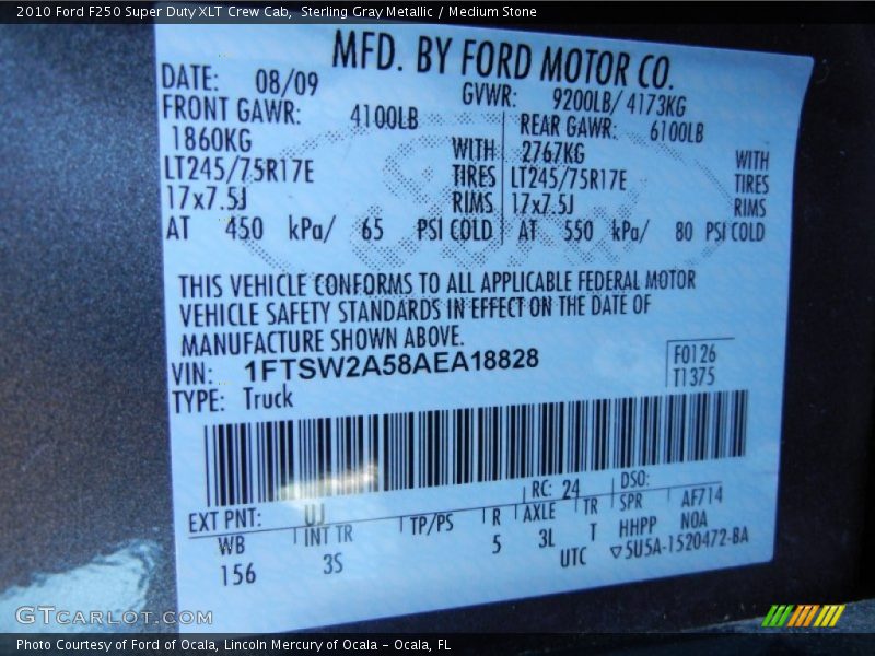 2010 F250 Super Duty XLT Crew Cab Sterling Gray Metallic Color Code UJ