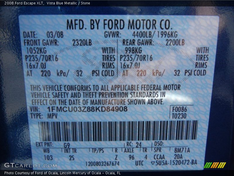 Vista Blue Metallic / Stone 2008 Ford Escape XLT