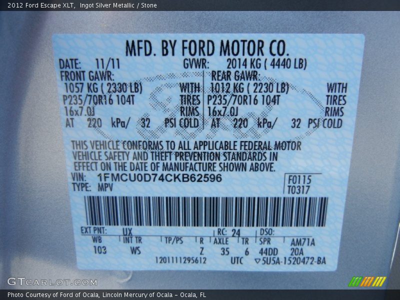 Ingot Silver Metallic / Stone 2012 Ford Escape XLT
