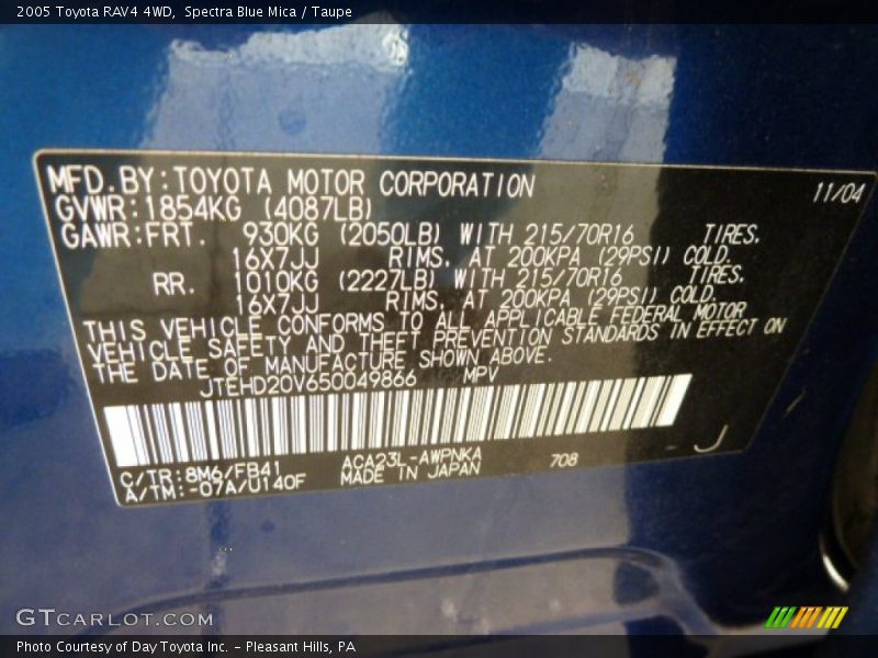 2005 RAV4 4WD Spectra Blue Mica Color Code 8M6
