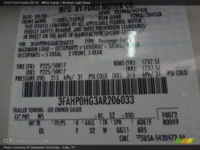 White Suede / Medium Light Stone 2010 Ford Fusion SE V6