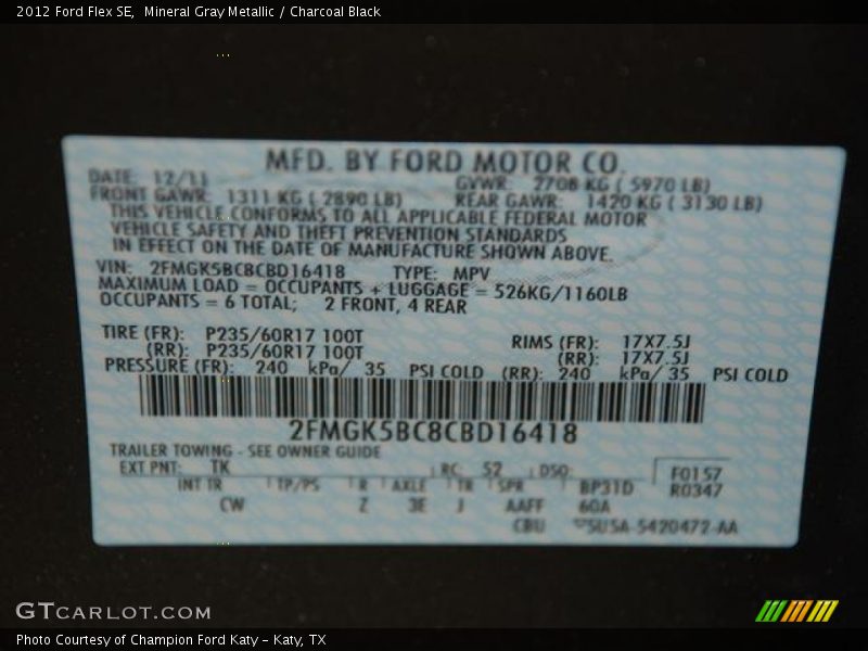 Mineral Gray Metallic / Charcoal Black 2012 Ford Flex SE