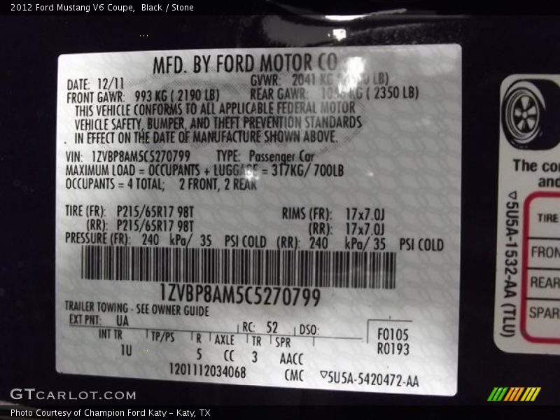 Black / Stone 2012 Ford Mustang V6 Coupe