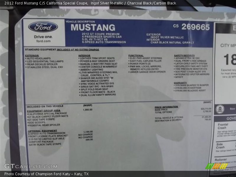  2012 Mustang C/S California Special Coupe Window Sticker
