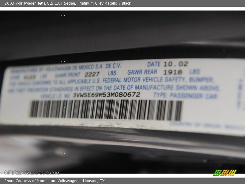 Platinum Grey Metallic / Black 2003 Volkswagen Jetta GLS 1.8T Sedan