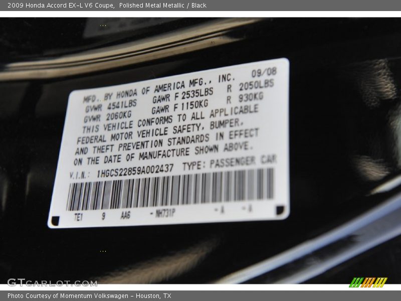 Polished Metal Metallic / Black 2009 Honda Accord EX-L V6 Coupe
