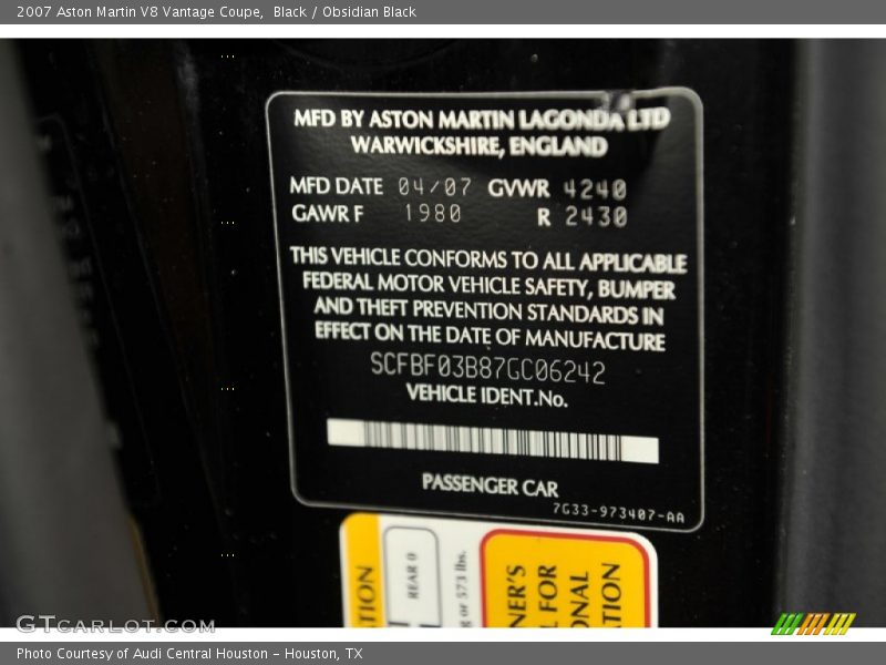 Info Tag of 2007 V8 Vantage Coupe