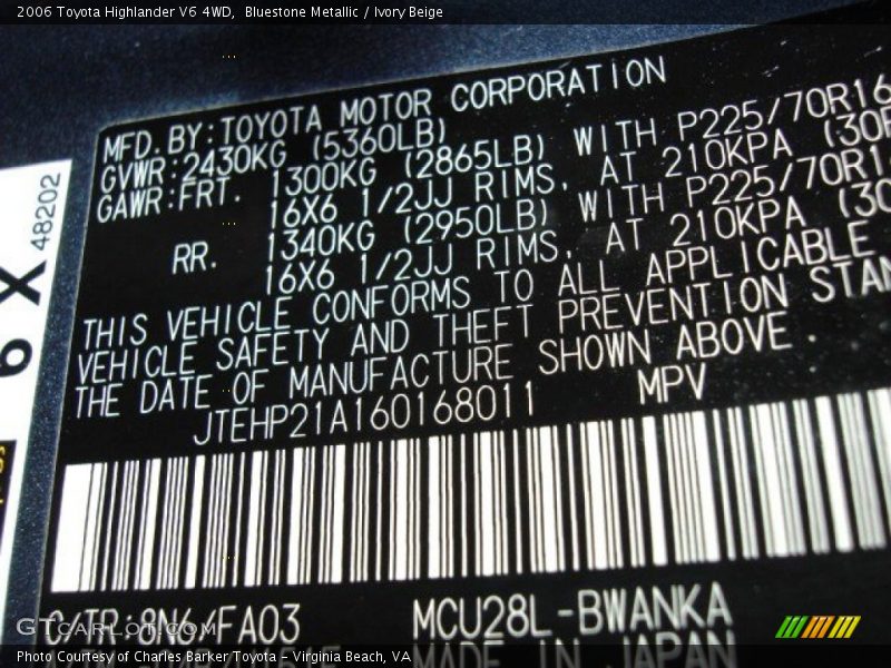 2006 Highlander V6 4WD Bluestone Metallic Color Code 8N6