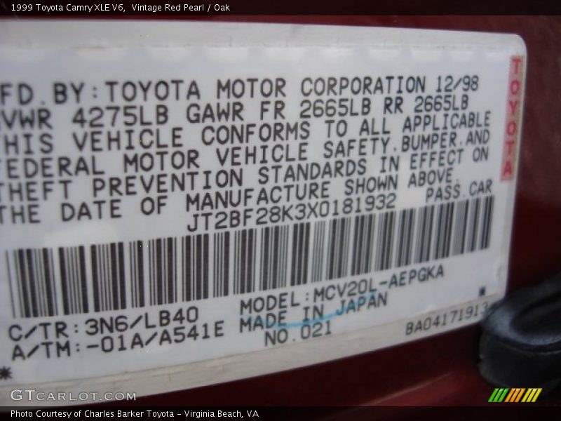 Vintage Red Pearl / Oak 1999 Toyota Camry XLE V6