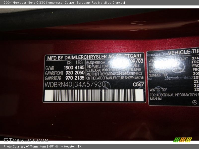 Bordeaux Red Metallic / Charcoal 2004 Mercedes-Benz C 230 Kompressor Coupe