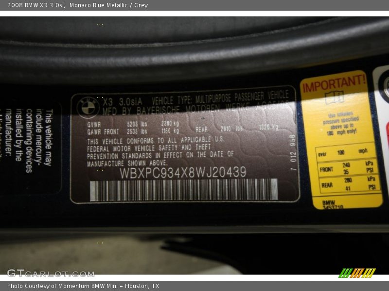 Monaco Blue Metallic / Grey 2008 BMW X3 3.0si
