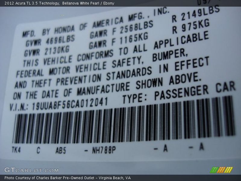 2012 TL 3.5 Technology Bellanova White Pearl Color Code NH788P