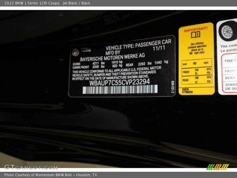 Jet Black / Black 2012 BMW 1 Series 128i Coupe
