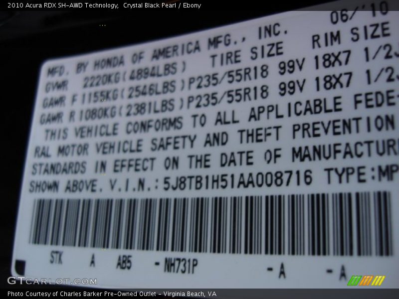 Crystal Black Pearl / Ebony 2010 Acura RDX SH-AWD Technology