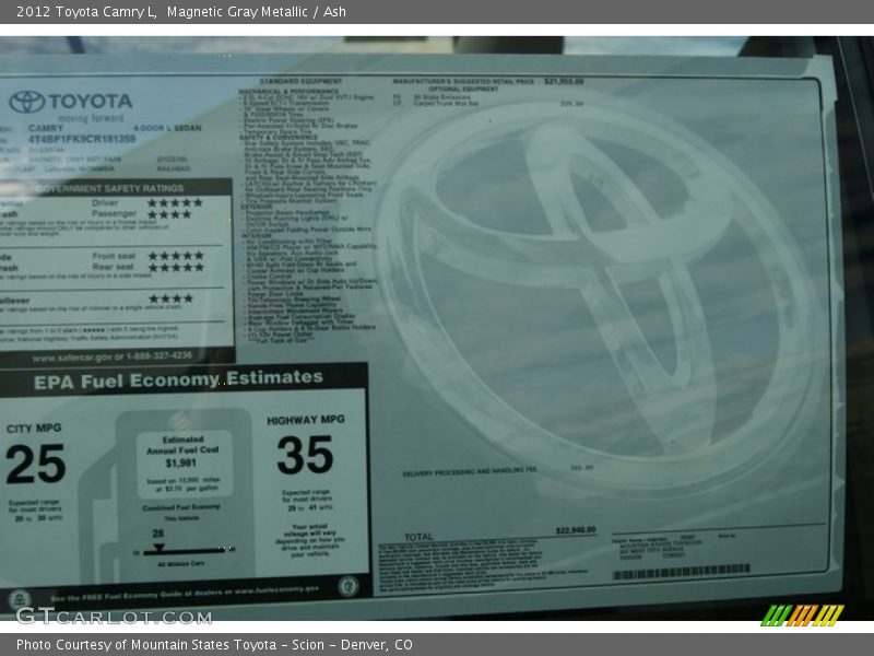 Magnetic Gray Metallic / Ash 2012 Toyota Camry L