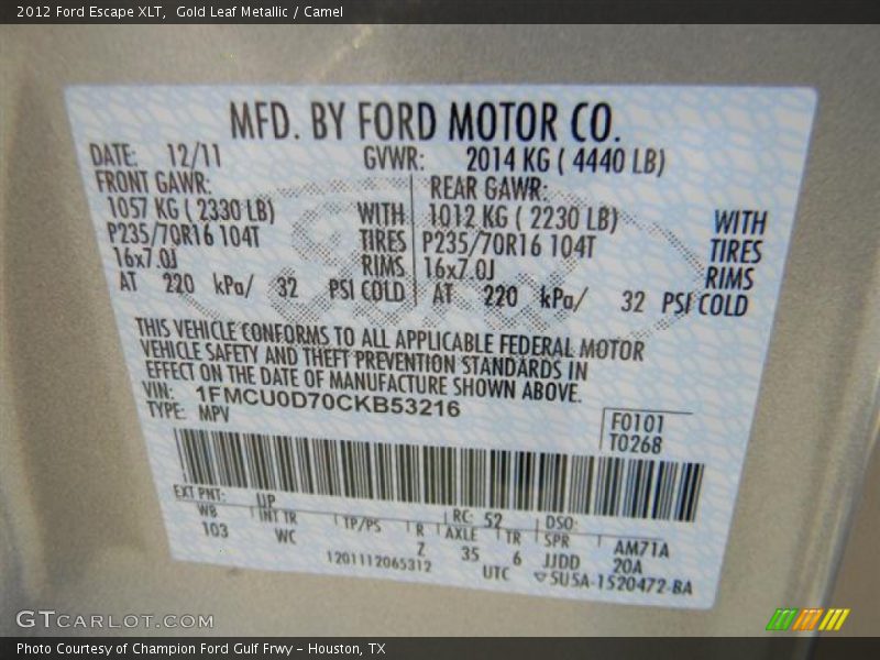 Gold Leaf Metallic / Camel 2012 Ford Escape XLT