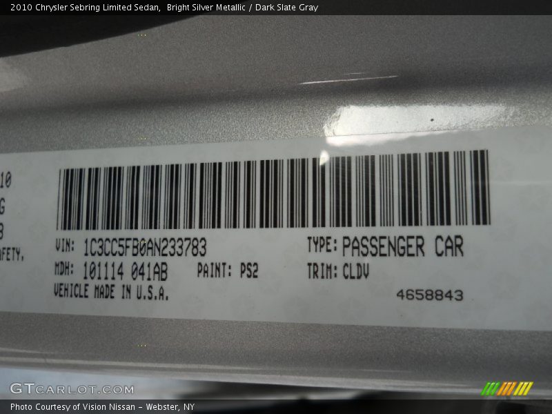 Bright Silver Metallic / Dark Slate Gray 2010 Chrysler Sebring Limited Sedan
