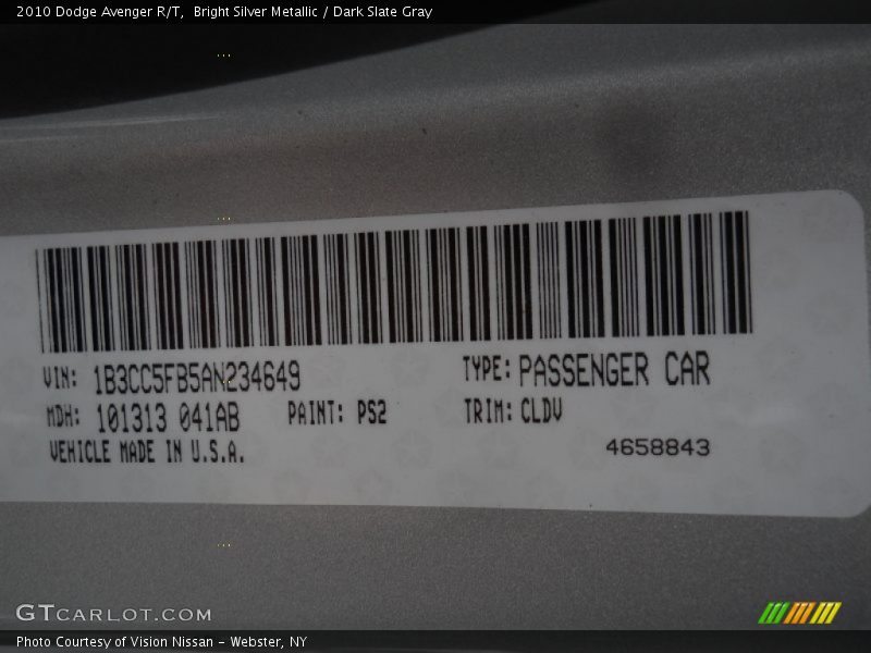 Bright Silver Metallic / Dark Slate Gray 2010 Dodge Avenger R/T