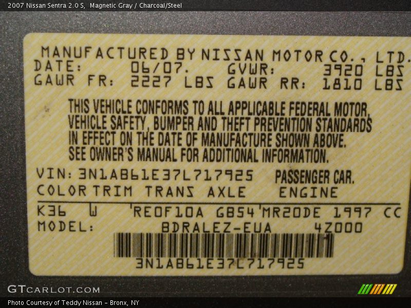 2007 Sentra 2.0 S Magnetic Gray Color Code K36