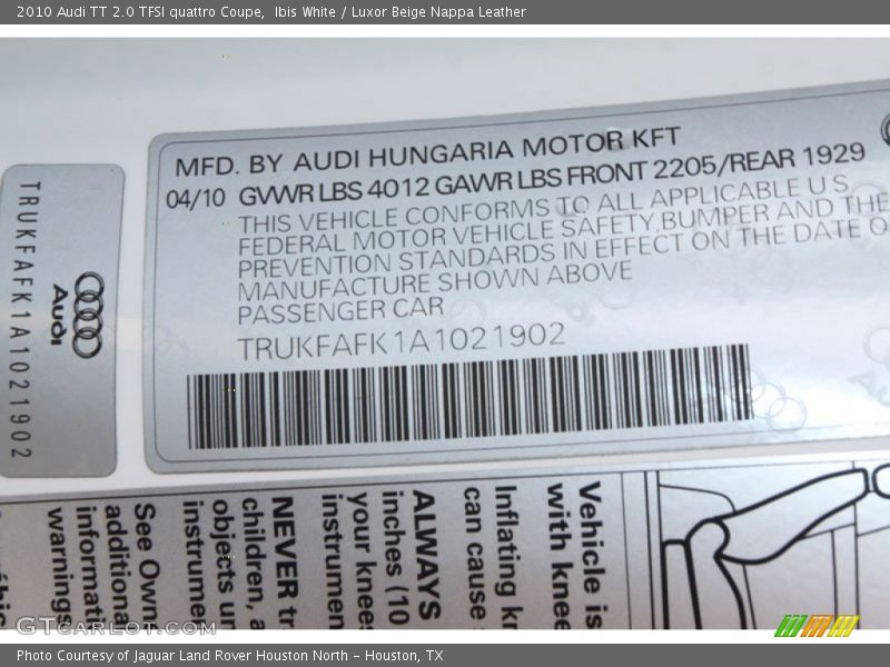 Ibis White / Luxor Beige Nappa Leather 2010 Audi TT 2.0 TFSI quattro Coupe
