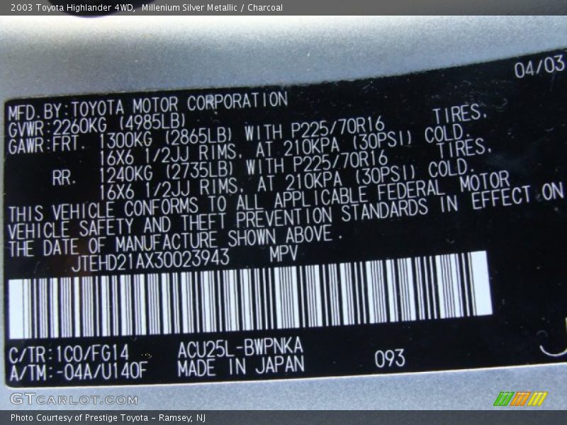 Millenium Silver Metallic / Charcoal 2003 Toyota Highlander 4WD