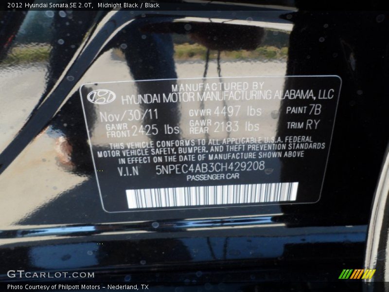 Midnight Black / Black 2012 Hyundai Sonata SE 2.0T