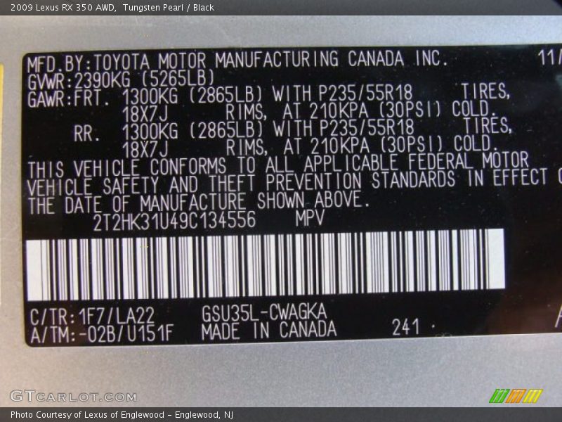2009 RX 350 AWD Tungsten Pearl Color Code 1F7