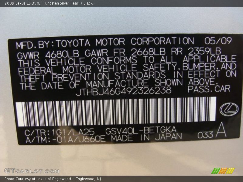 Tungsten Silver Pearl / Black 2009 Lexus ES 350